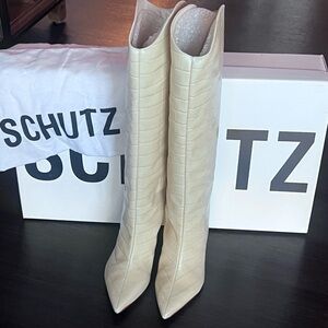 SCHUTZ Ivory Croc-Embossed Heeled Boots never worn!